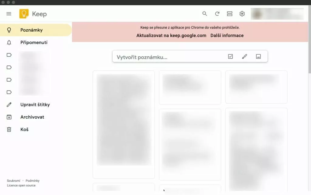 Google Keep Chrome aplikace přechod