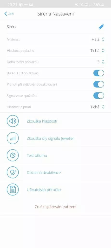 siréna aplikace nastavení