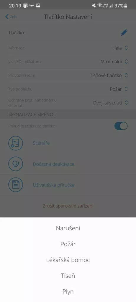 tlačítko aplikace typ poplachu
