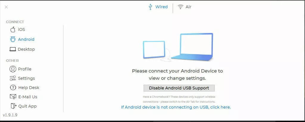 Duet Display Windows aplikace drátové připojení