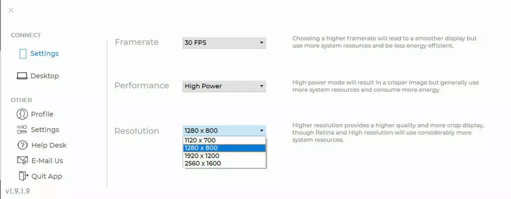 Duet Display Windows aplikace nastavení