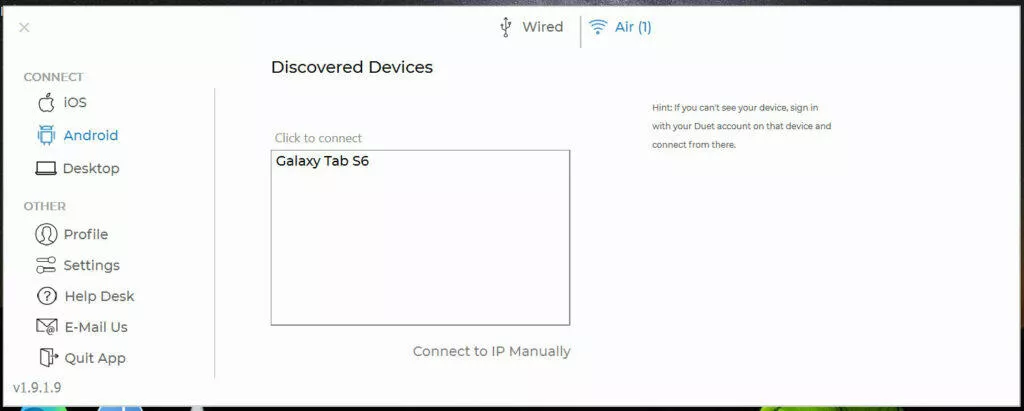 Duet Display Windows aplikace výběr zařízení