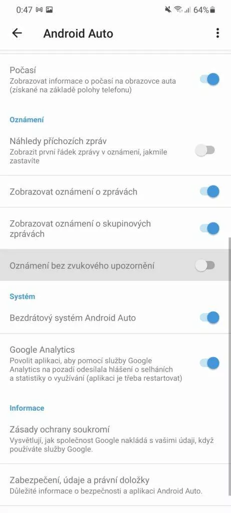 jak vypnout hlasitá oznámení v Android Auto přepínač