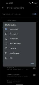 Android 12 Pixel pruh zakrývající foťák nastavení