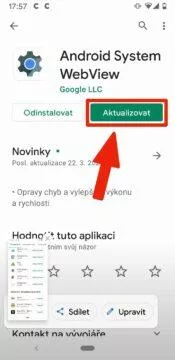 padající aplikace na Androidu - Android system webview aktualizace