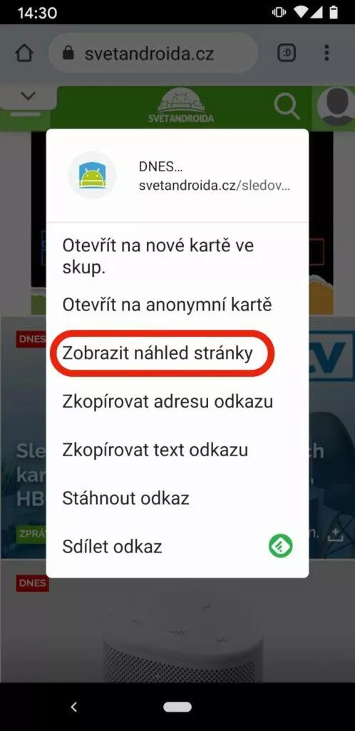 chrome náhled stránky - menu