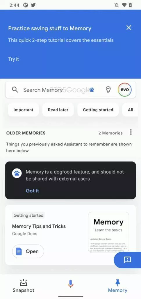 Google Asistent Paměť hlavní karta