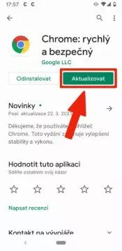 padající aplikace na Androidu - Google Chrome aktualizace