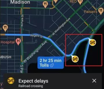 Google Mapy upozornění na železniční přejezdy náhled