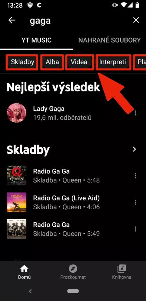 přejít ze Spotify na YouTube Music - youtube music filtry vyhledavani