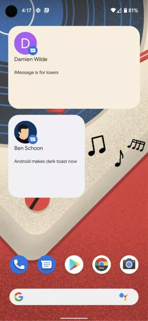 Android 12 chatovací widgety žlutá oranžová