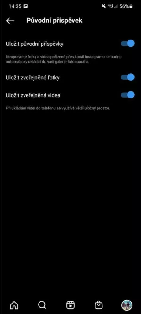 Instagram ukládání původní fotky přepínač