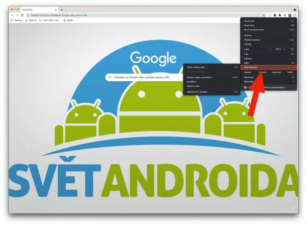 Google Chrome klávesové zkratky rozšíření - menu dalši nastroje
