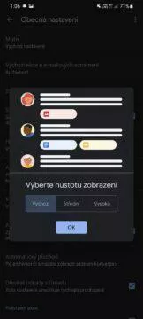 Gmail aplikace hustota seznamu konverzací nastavení Výchozí