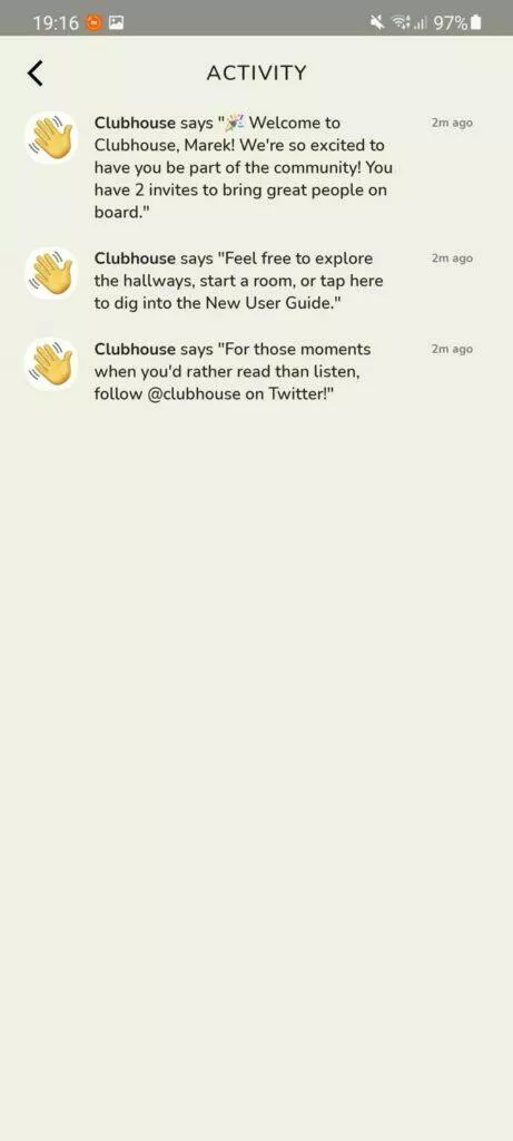 Clubhouse Android funkce aktivity
