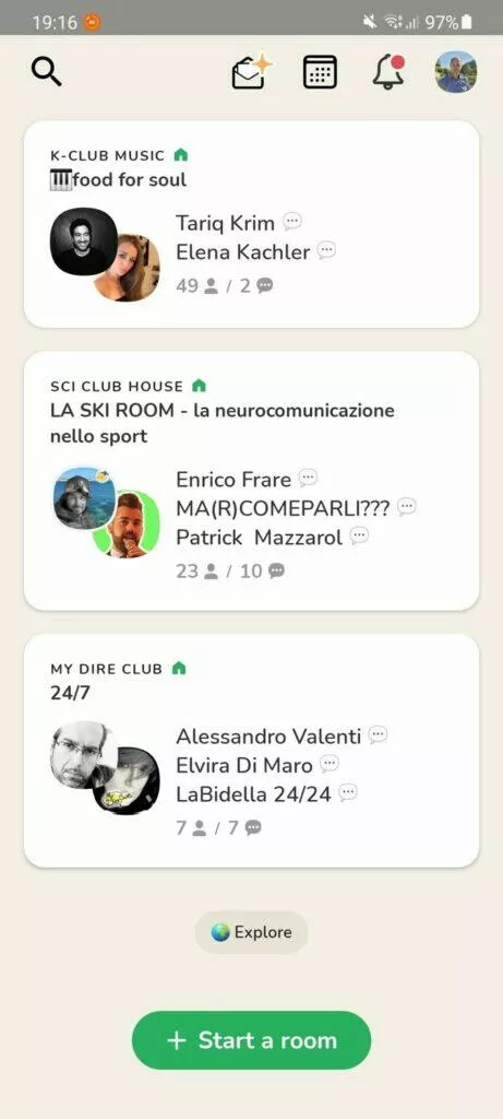 Clubhouse Android funkce hlavní stránka