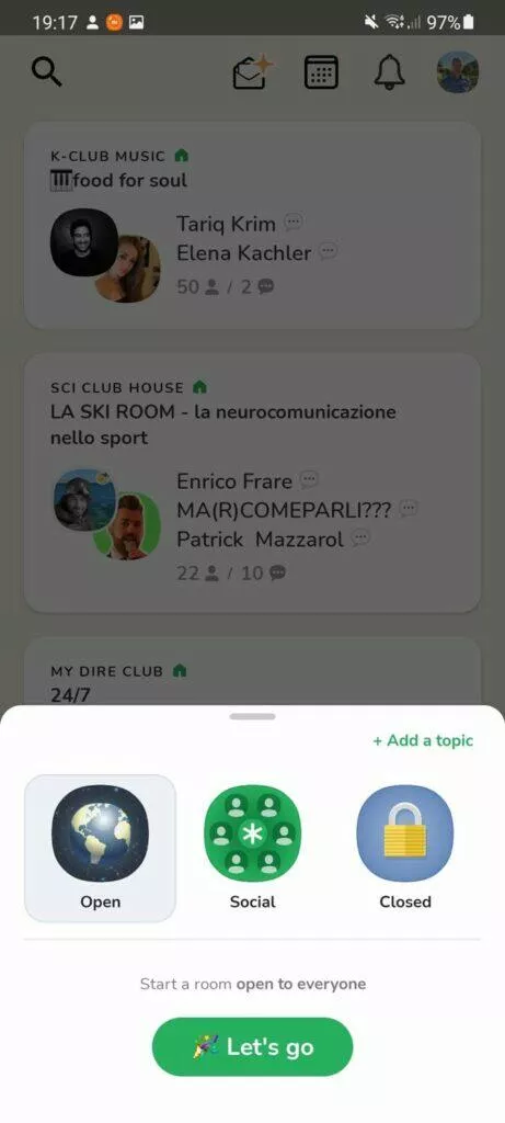 Clubhouse Android funkce zahájení room