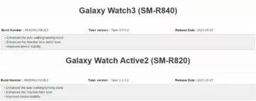 update pro Galaxy Watch3 a Watch Active2 changelog