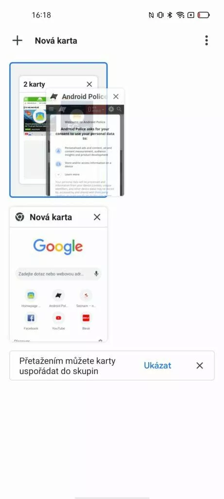 chrome seskupování karet do skupin