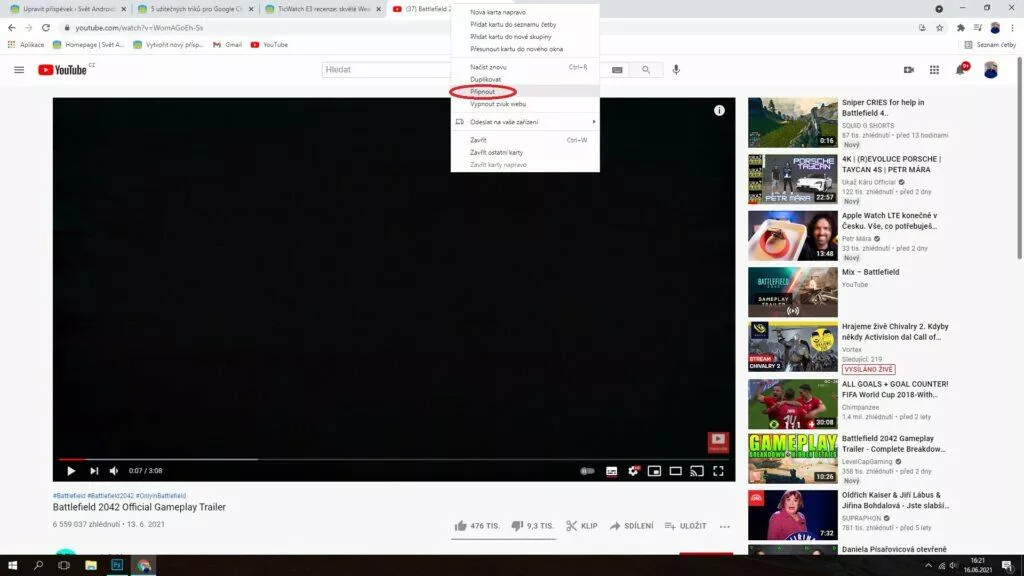 Google Chrome připnutí karty