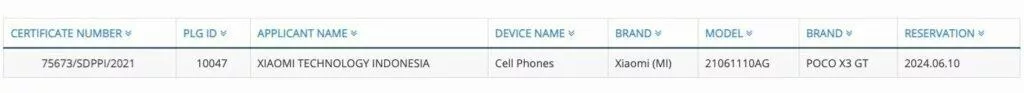 Xiaomi POCO X3 GT certification