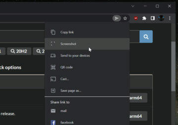 Google Chrome screenshot sdílecí menu ukázka