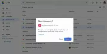 Google Disk blokování uživatelů dialog