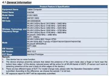 Xiaomi Mi Pad 5 FCC certifikace 1