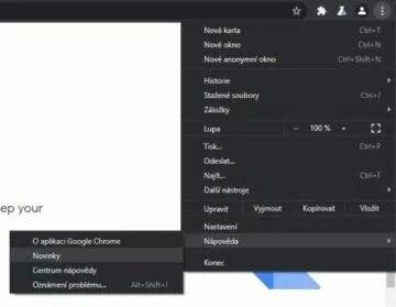 Google Chrome karta Novinky menu Google Chrome karta Novinky menu