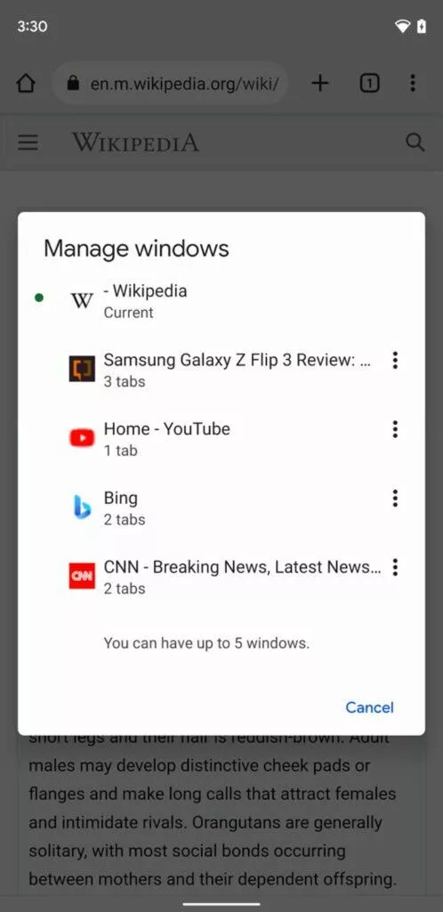 Google Chrome více oken Android 12 maximum