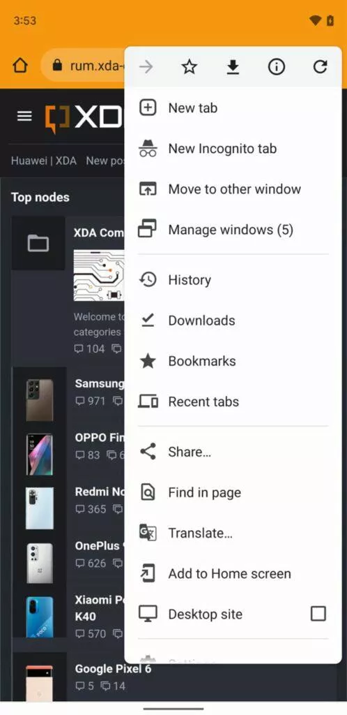 Google Chrome více oken Android 12 menu