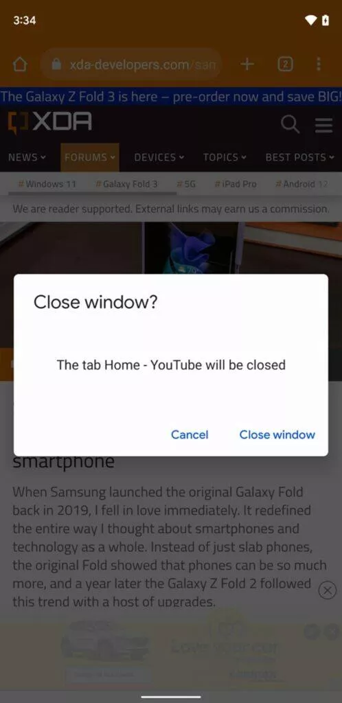 Google Chrome více oken Android 12 zavírání okna