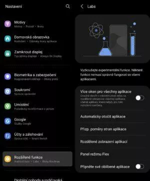 One UI nastavení Labs