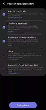 Samsung Internet 15 Odstranit data
