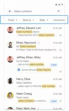 aplikace Gmail nové vyhledávací filtry ukázka