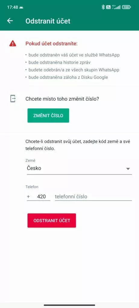 jak odstranit whatsapp účet