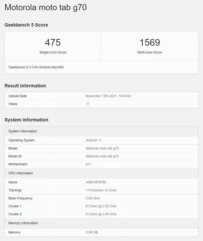 Motorola Tab G70 geekbench