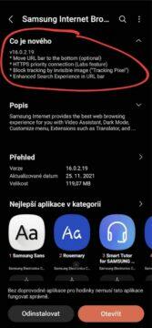 Samsung Internet URL panel adresa dole changelog