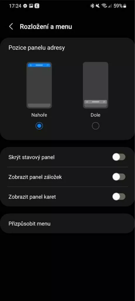 Samsung Internet URL panel adresa dole nastavení