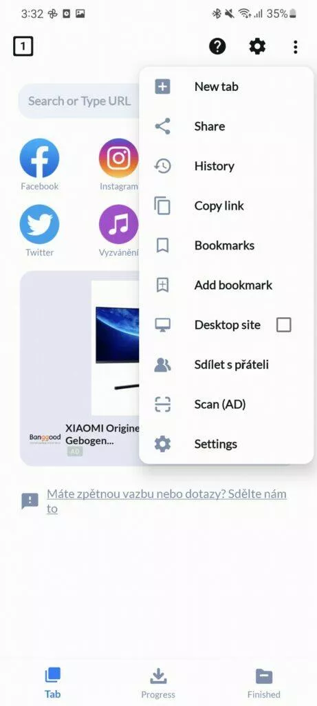 menu nastavení