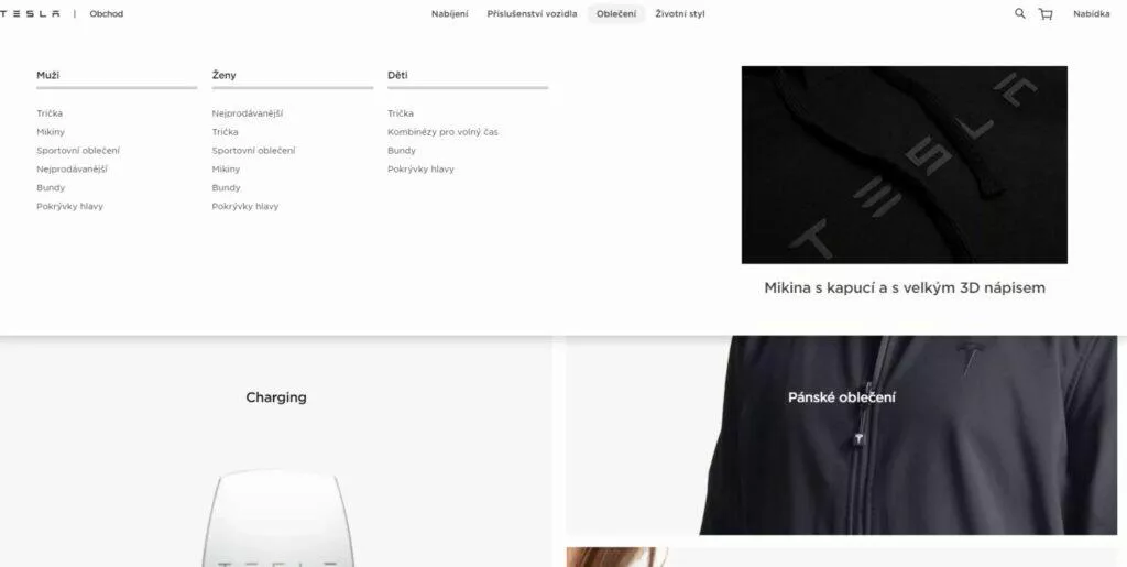 Tesla web čeština menu