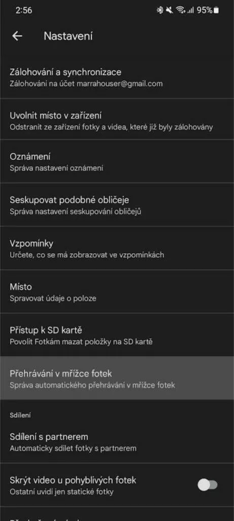 Fotky Google pohyblivé náhledy přehrávání v mřížce přepínač nastavení