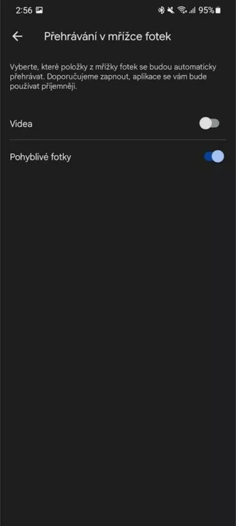 Fotky Google pohyblivé náhledy přehrávání v mřížce přepínač video pohyblivé fotky