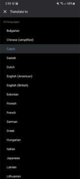 DeepL Android aplikace ukázka jazyky
