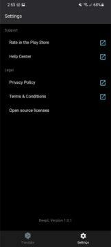 DeepL Android aplikace ukázka menu
