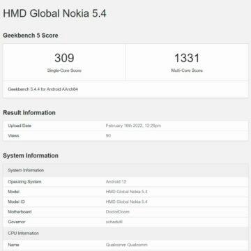 Nokia 5.4 Android 12 geekbench