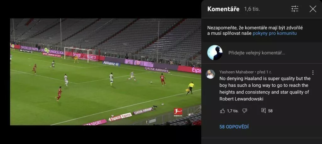 YouTube aplikace fullscreen ovládací prvky ukázka komentáře