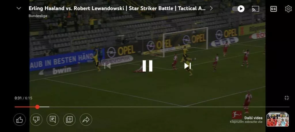 YouTube aplikace fullscreen ovládací prvky ukázka video