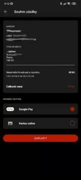 aplikace Zásilkovna placení Google Pay platba