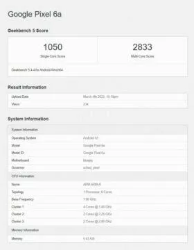 Google Pixel 6a geekbench